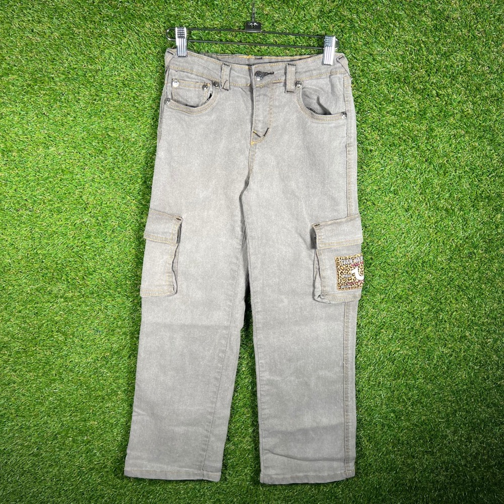 True Religion Boys Grey Cargo Jeans Leopard Patch Horseshoe Stitch Size M 10/12